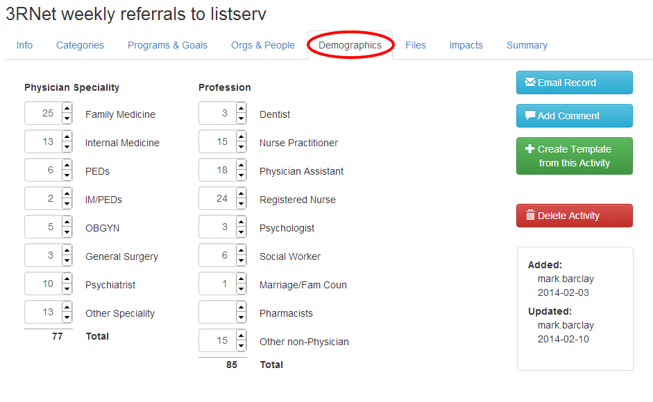 Screenshot of the demographics tab in an activity record